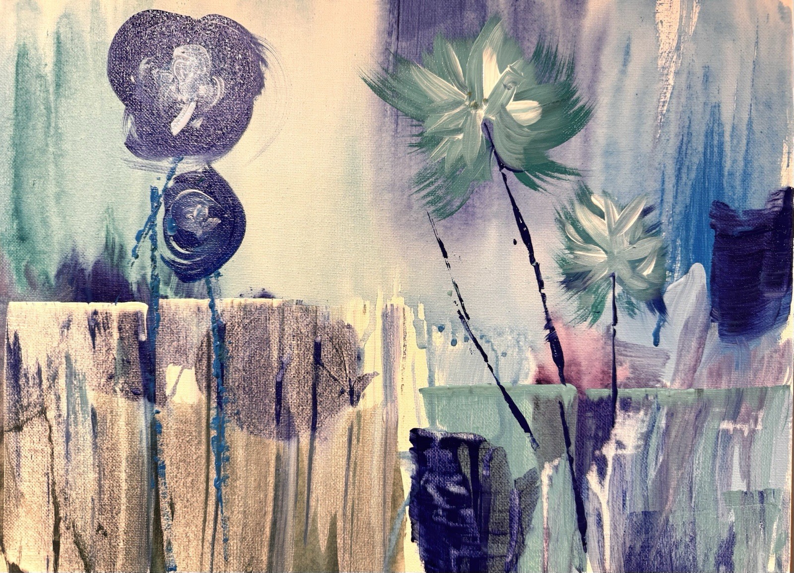 Original Abstract Expressionism 12×16 Flowers in Blue Handmade Signed Fine Art