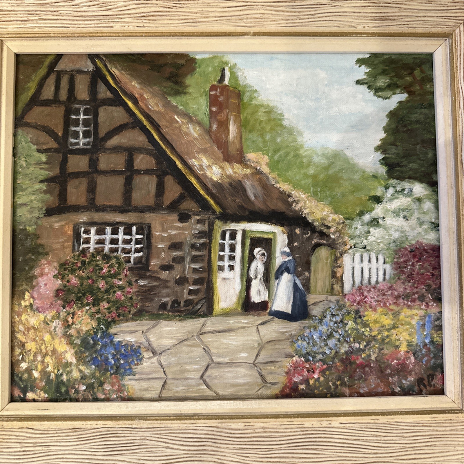 Vintage Oil Painting Landscape Cottage On Board Signed By Artist