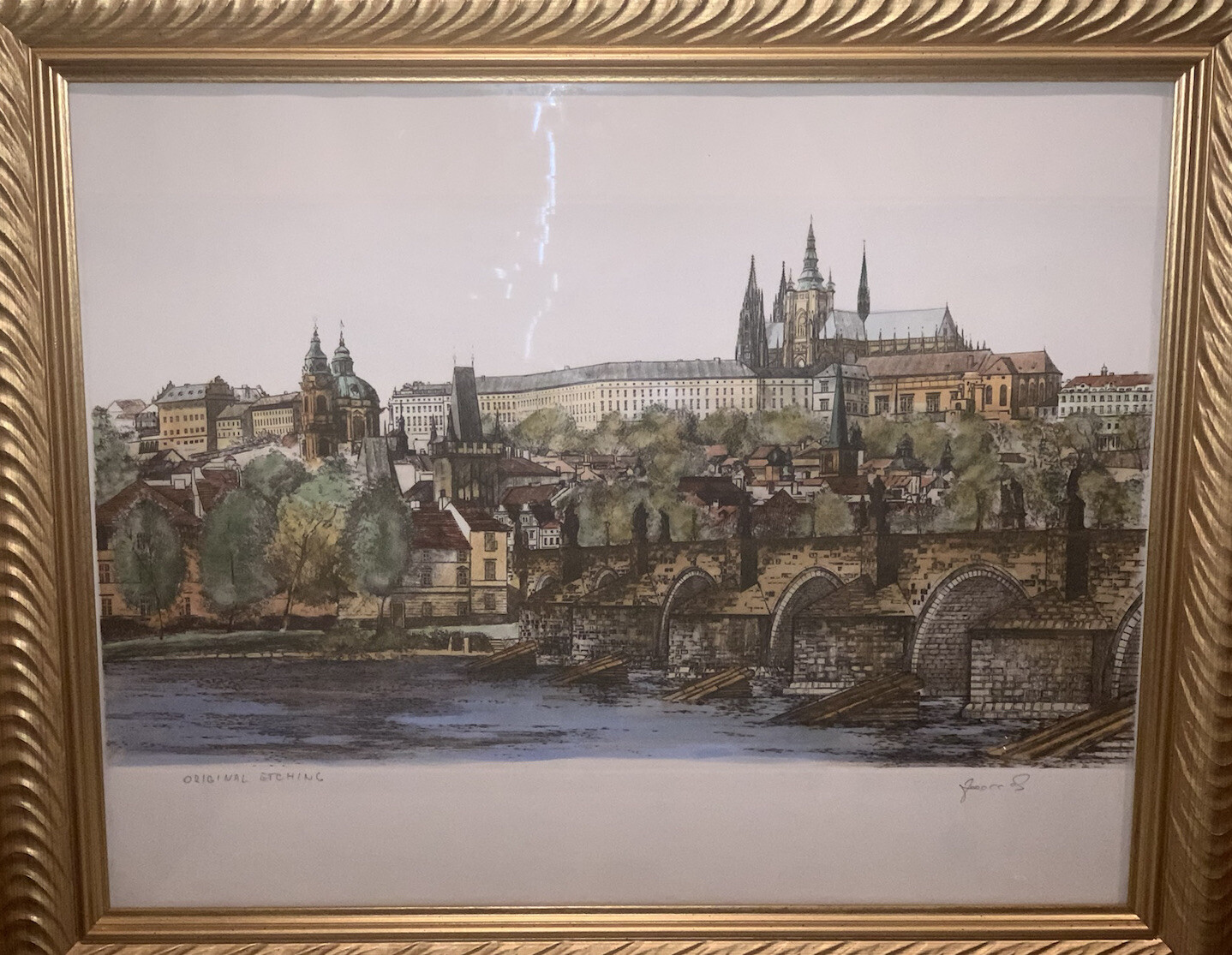 Vintage Notre Dame Original Etching France Hand Colored 24.5”X 20.5” Framed