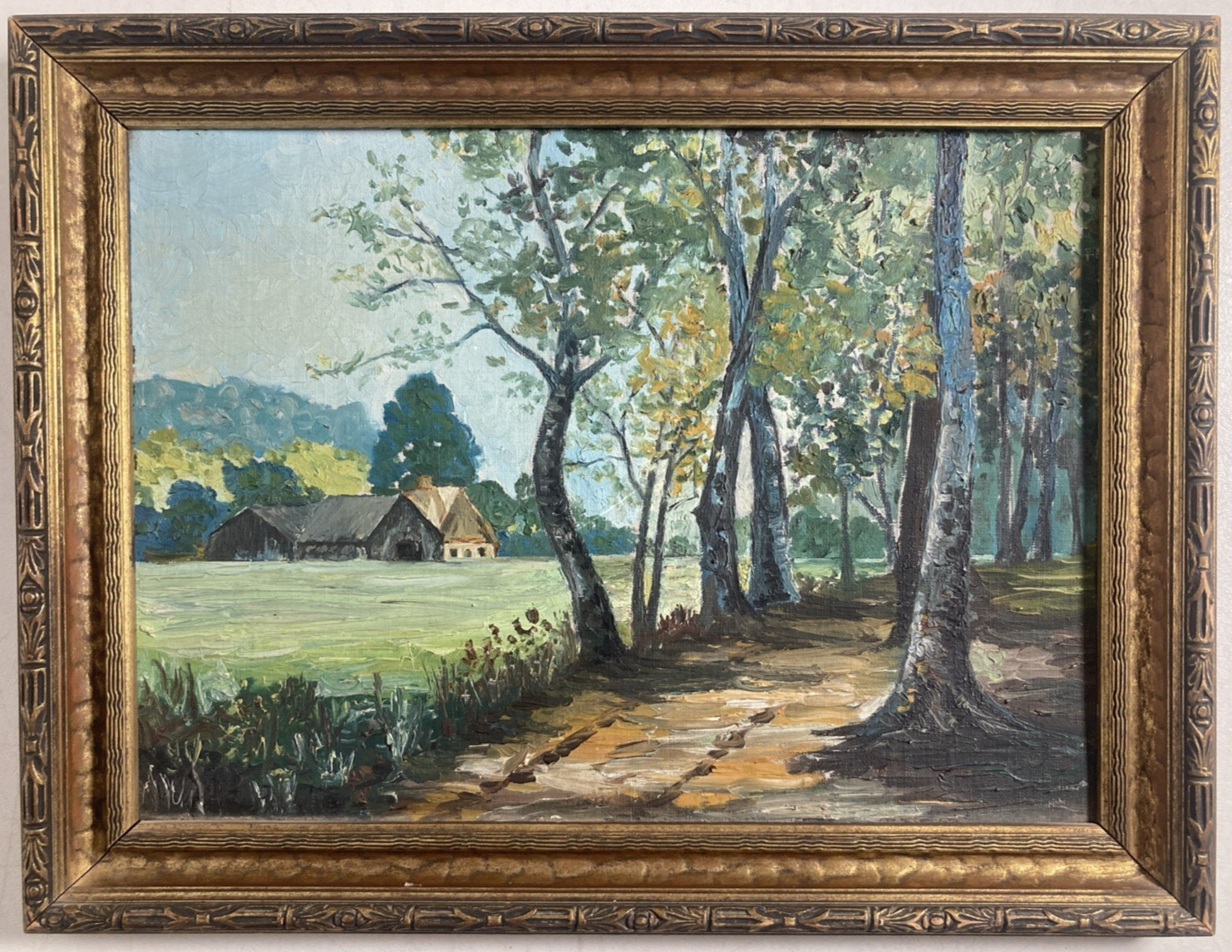 Antique Original Oil Painting Old Impressionist Landscape Forest Tree Gilt Frame