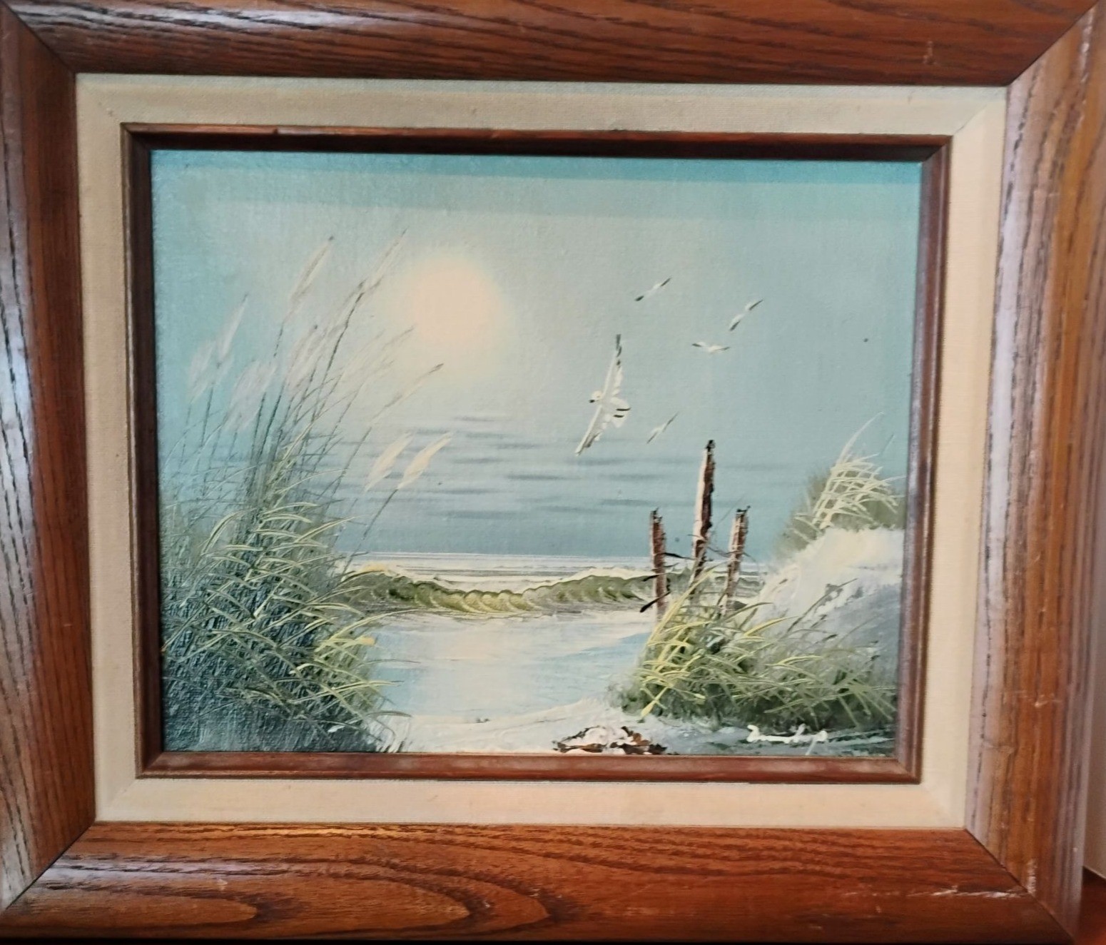 Vtg Original Oil Painting Artist Signed Beach Seascape Scene Seagulls Ocean Wave