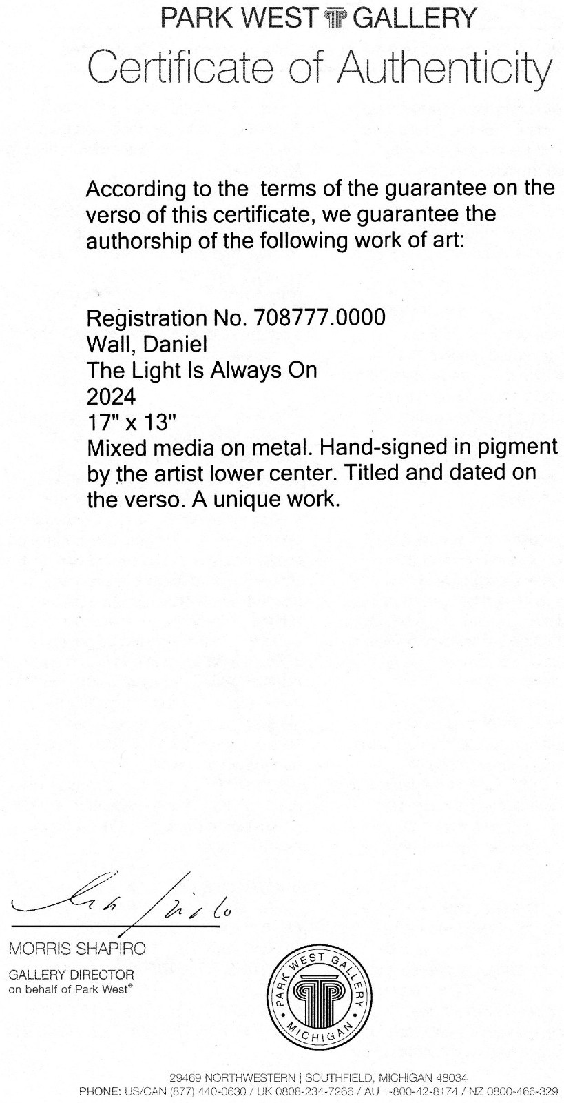 Original DANIEL WALL «The Light Is Always On» Mixed Media on Metal Signed-COA
