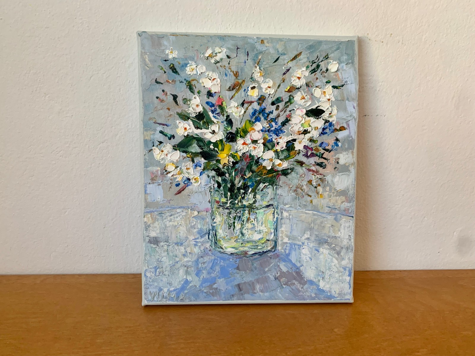 Daisies and Cornflowers Bouquet Oil Painting On Canvas Flowers in Vase Artwork