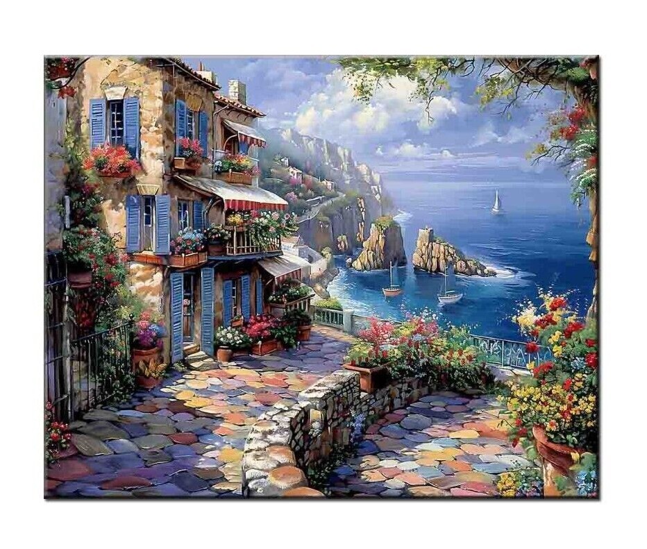 Mediterranean City and Sea View Oil Painting Printed on canvas,Wall Art Decor,03