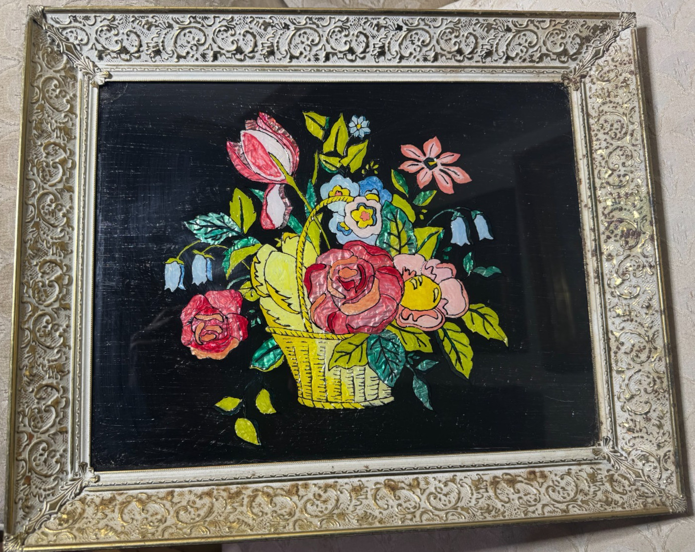 Large Antique Folk Art Tinsel Foil Reverse Artwork «Basket of Flowers» – Framed