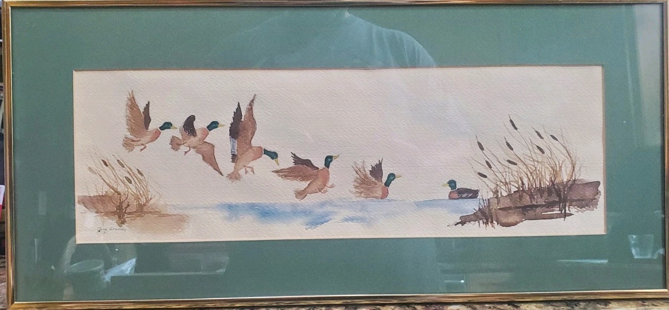 NICE Framed Original «Decoyed» Ducks Flying Watercolor Signed Jane Grundy