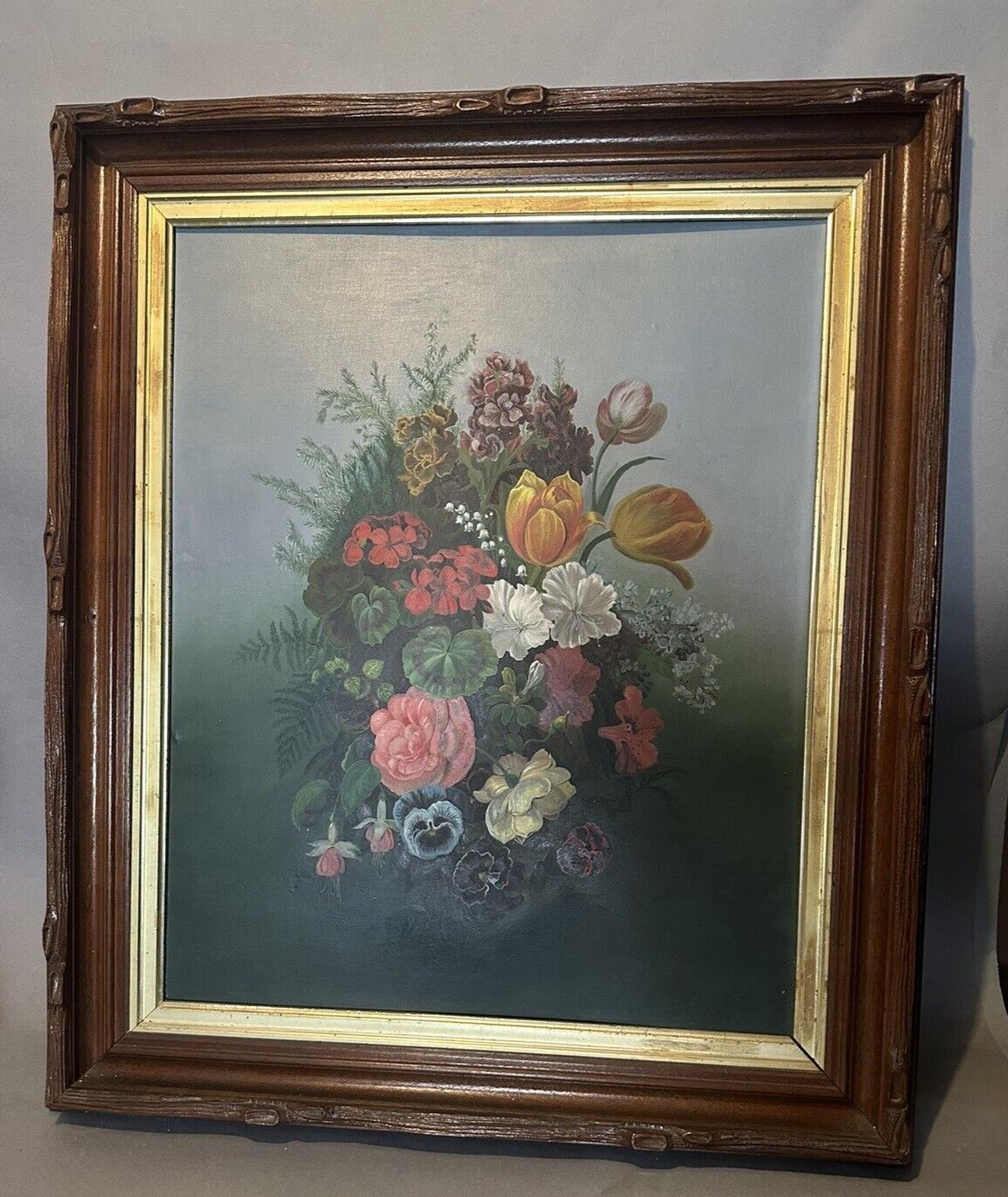 Antique Victorian Floral Still Life Oil Painting in a Carved Walnut Frame