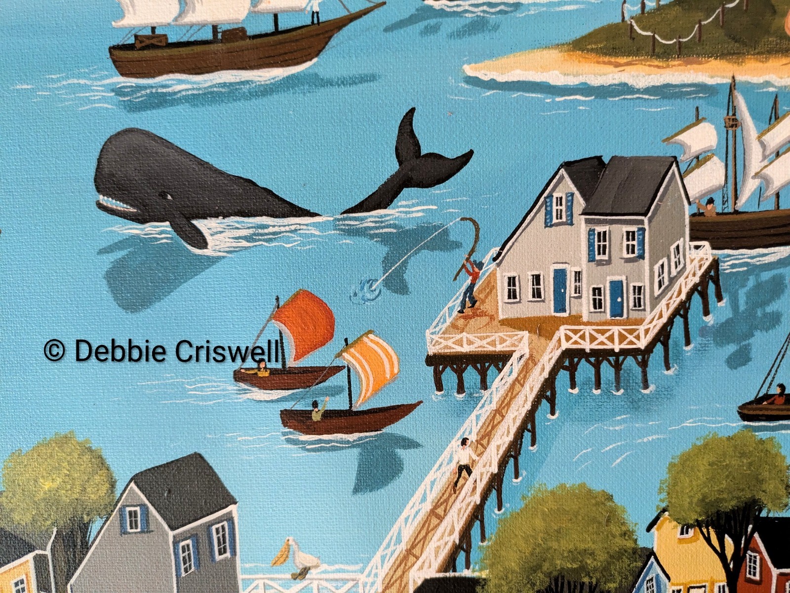 ORIGINAL PAINTING Folk Art Whales Nantucket Lighthouse Primitive Landscape Ships
