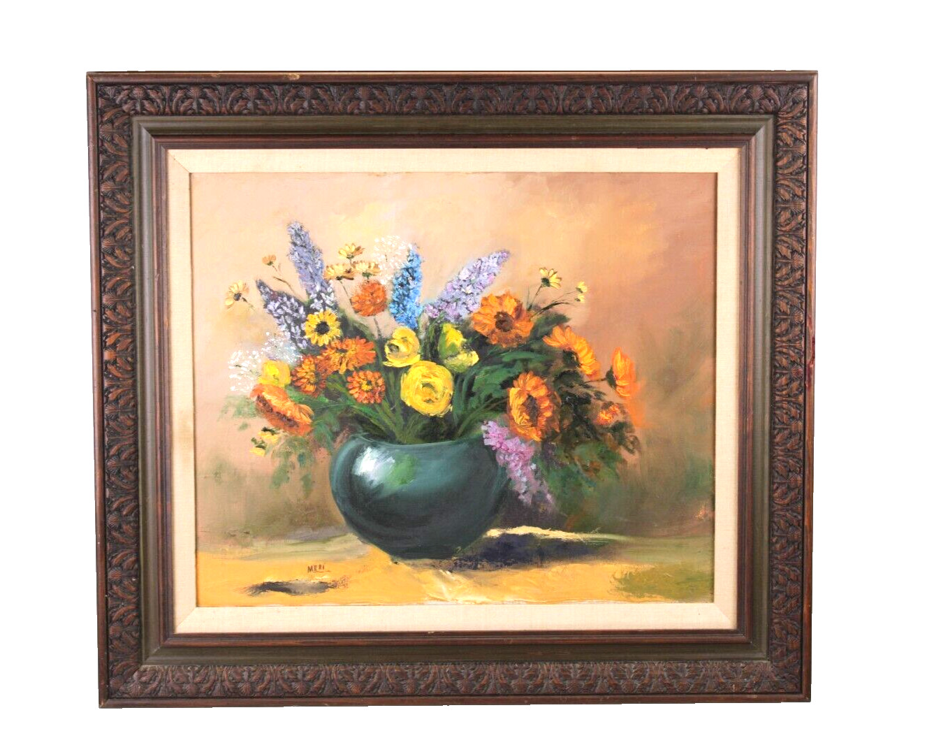 Vintage Bouquet of Flowers Still Life Oil Painting On Canvas Signed Meri