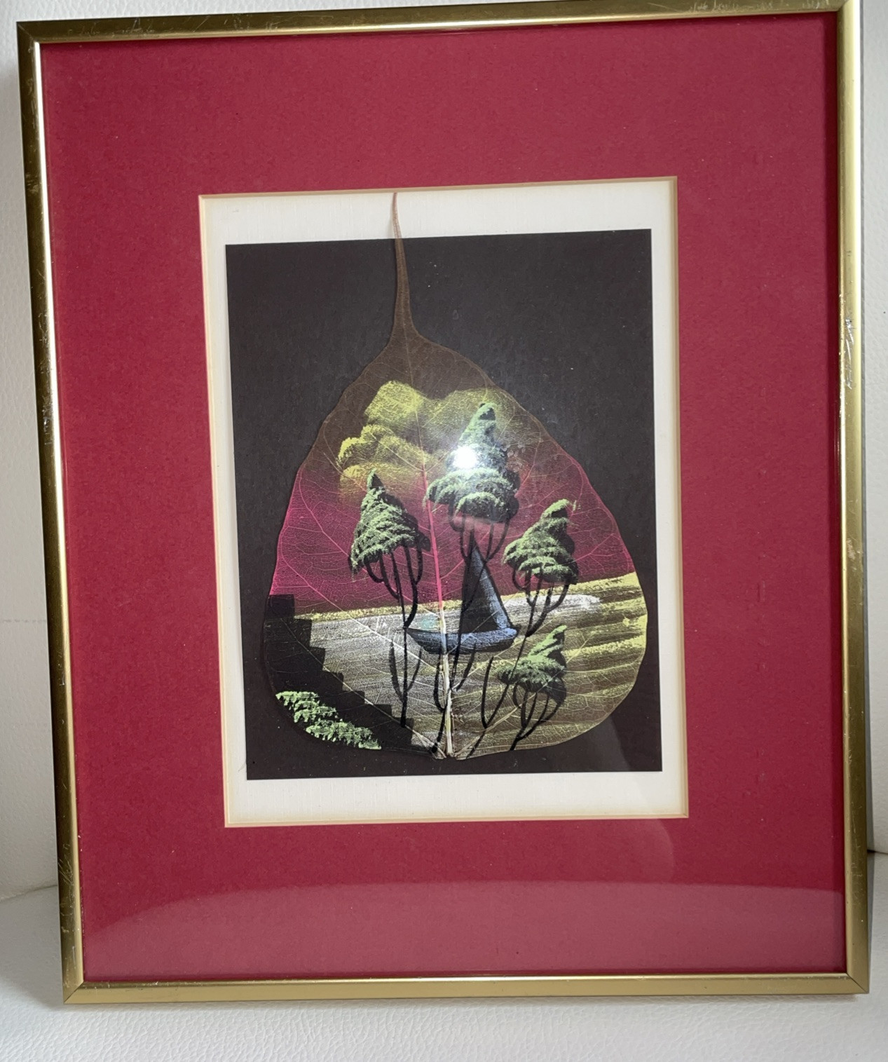 Pipal Leaf Tree Painting Framed and Matted Red 11.5”T x 9.5”W