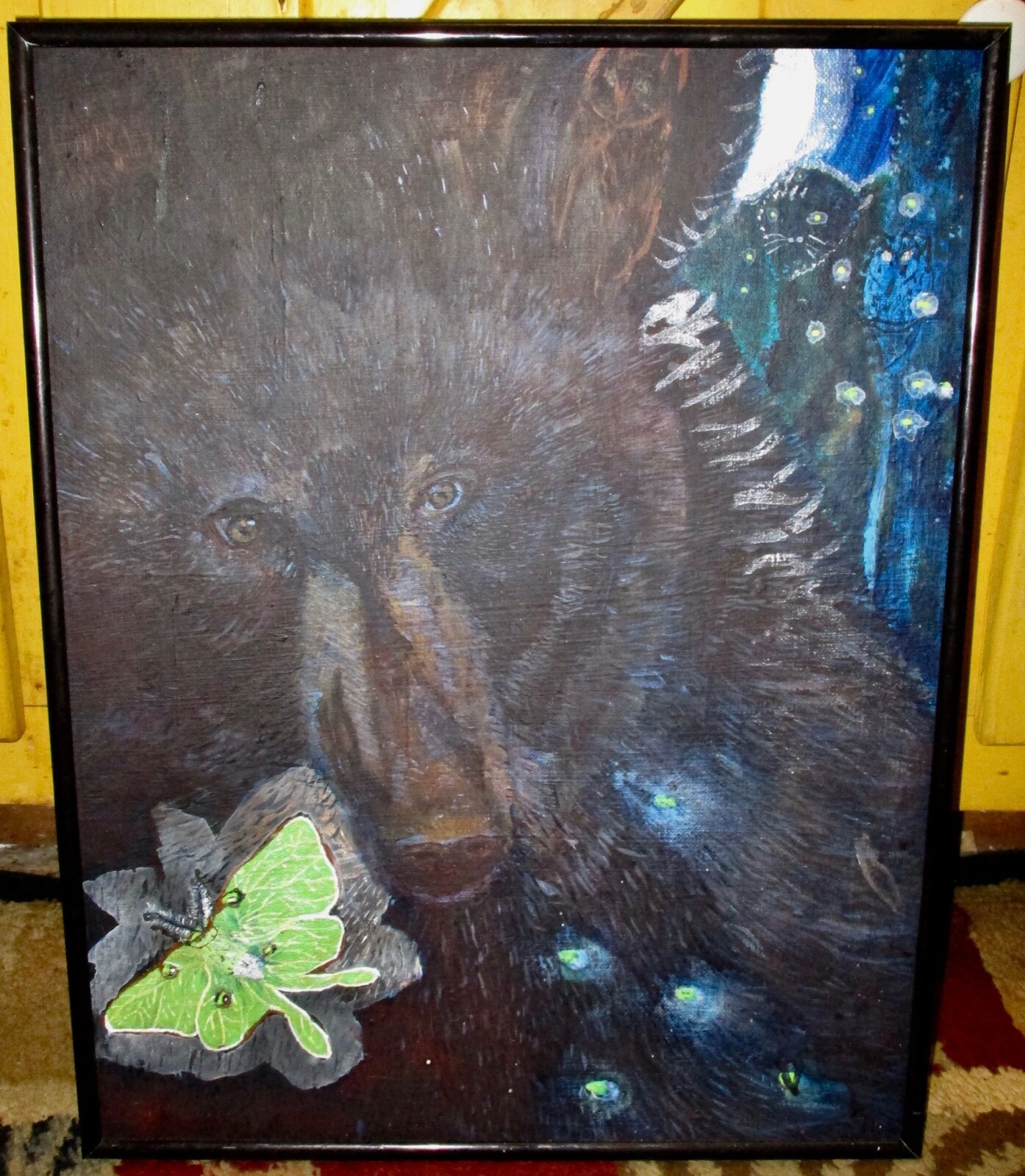 Original Dark Framed Oil On Canvas Bear & Cub Luna Moth Folky