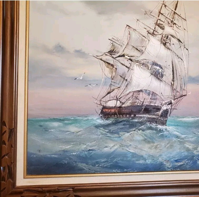 Vintage Signed Baille Seascape Oil Painting Tall Ship Nautical Framed