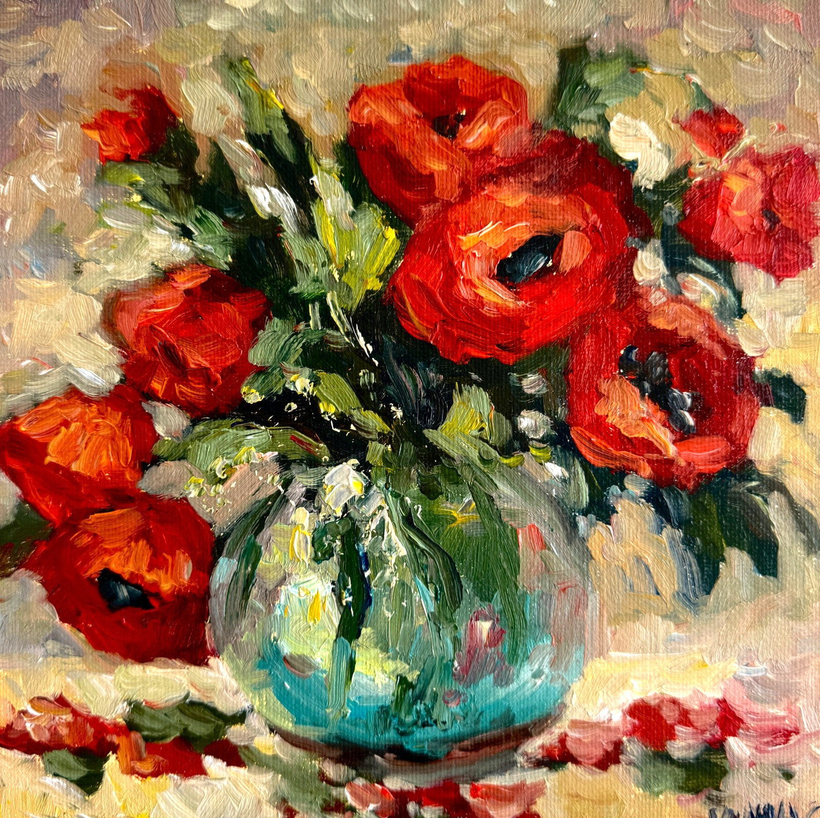 Modern Oil Poppy Painting Original Flowers Still Life Canvas Wall Art Decor 8×8