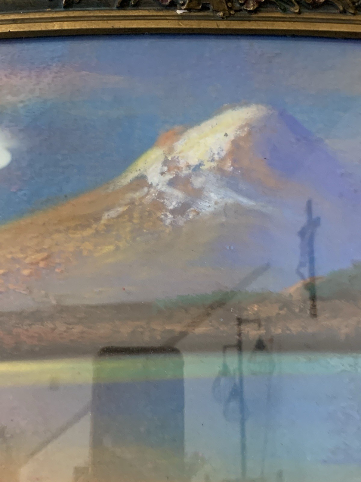 Antique Original Pastel Painting On Cardboard Landscape Mountain Lake Signed