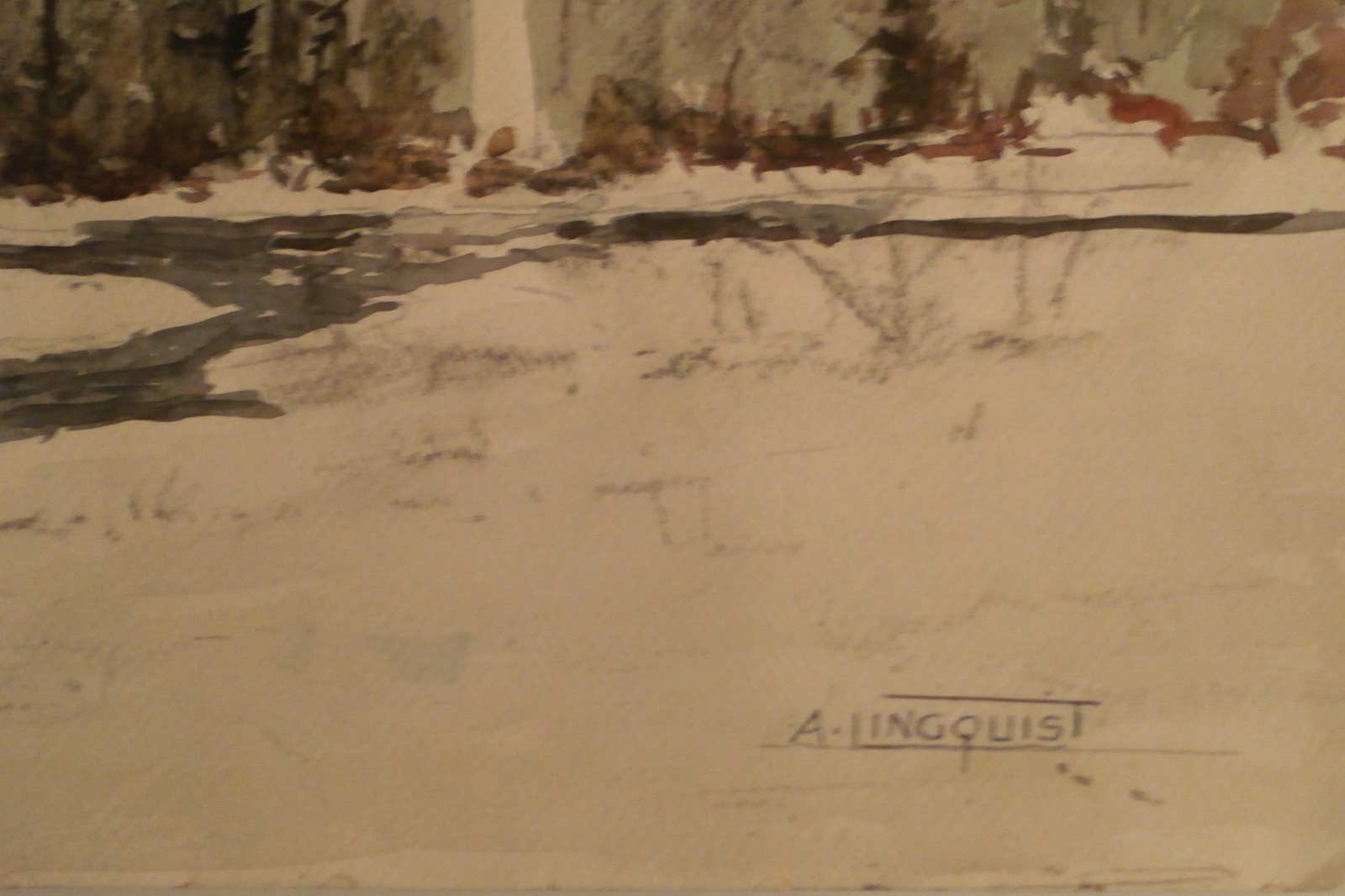 House,Bridge & Waterfall in Snow, Vermont-W/C Painting-1930s-Arthur Lingquist