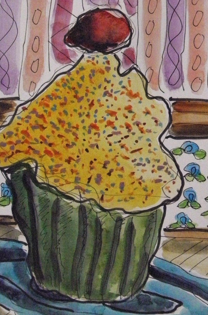 ORIGINAL Bakery Sketch watercolor and ink -cupcake