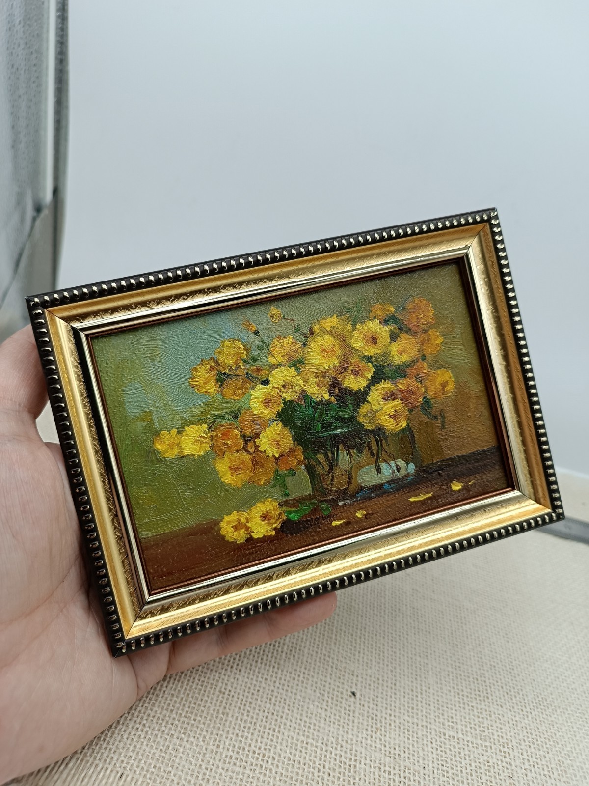 Yellow Flowers Original Oil Painting 4×6 Framed Signed Floral Still Life Art