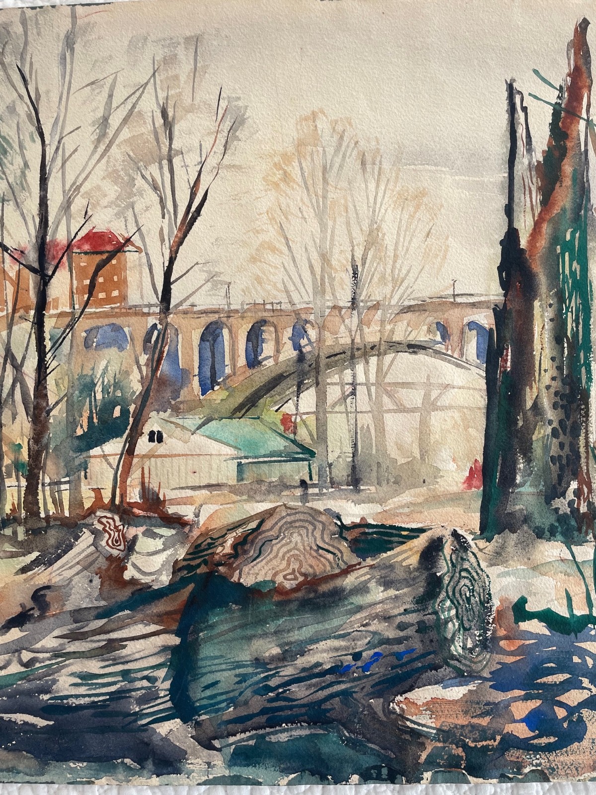 Vintage HAND PAINTED ART Bridge Trees Buildings Cleveland OH Bill Tiell