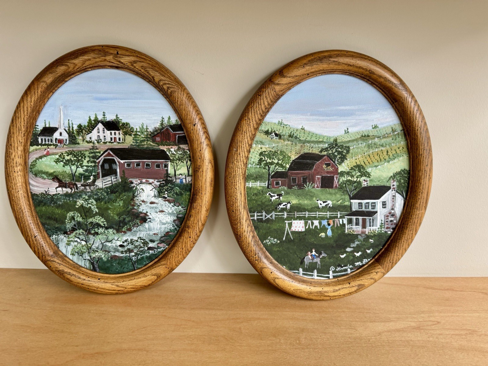 Vtg. Set Of 2 Oval Original Oil Paintings Barn Farm Life Scene Signed By Artist