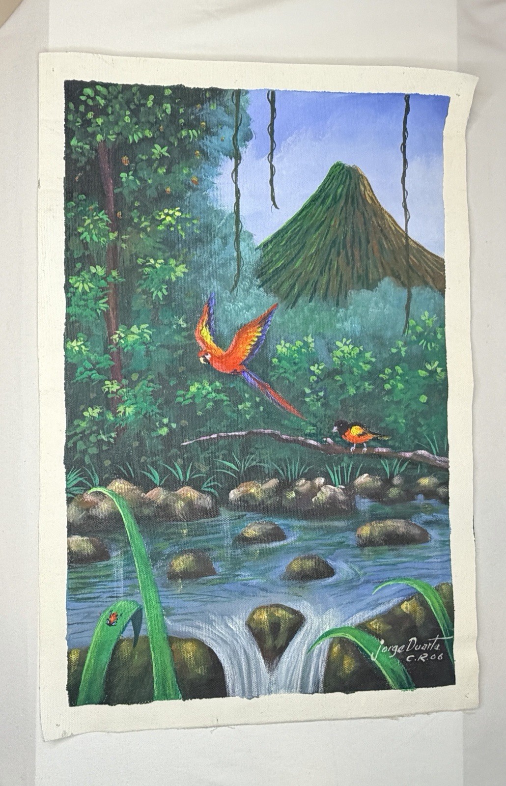 Original Painting On Canvas Tropical Lush Rainforest w/ Parrots Jorge Duarte 18”