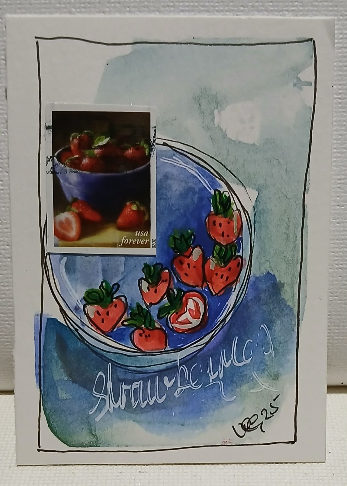 Postal Whimsy Forever Stamp collage ACEO OOAK Watercolor Blue Bowl Strawberries