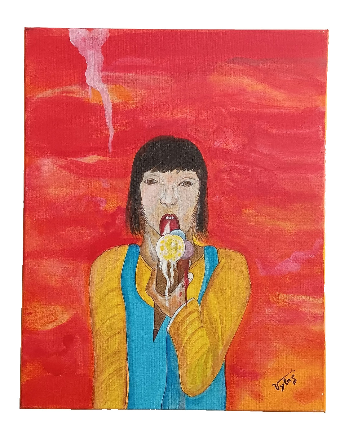 Original Acrylic Painting ‘Ugly Girl Eating Ice Cream’ by Vytas 20x16in Canvas