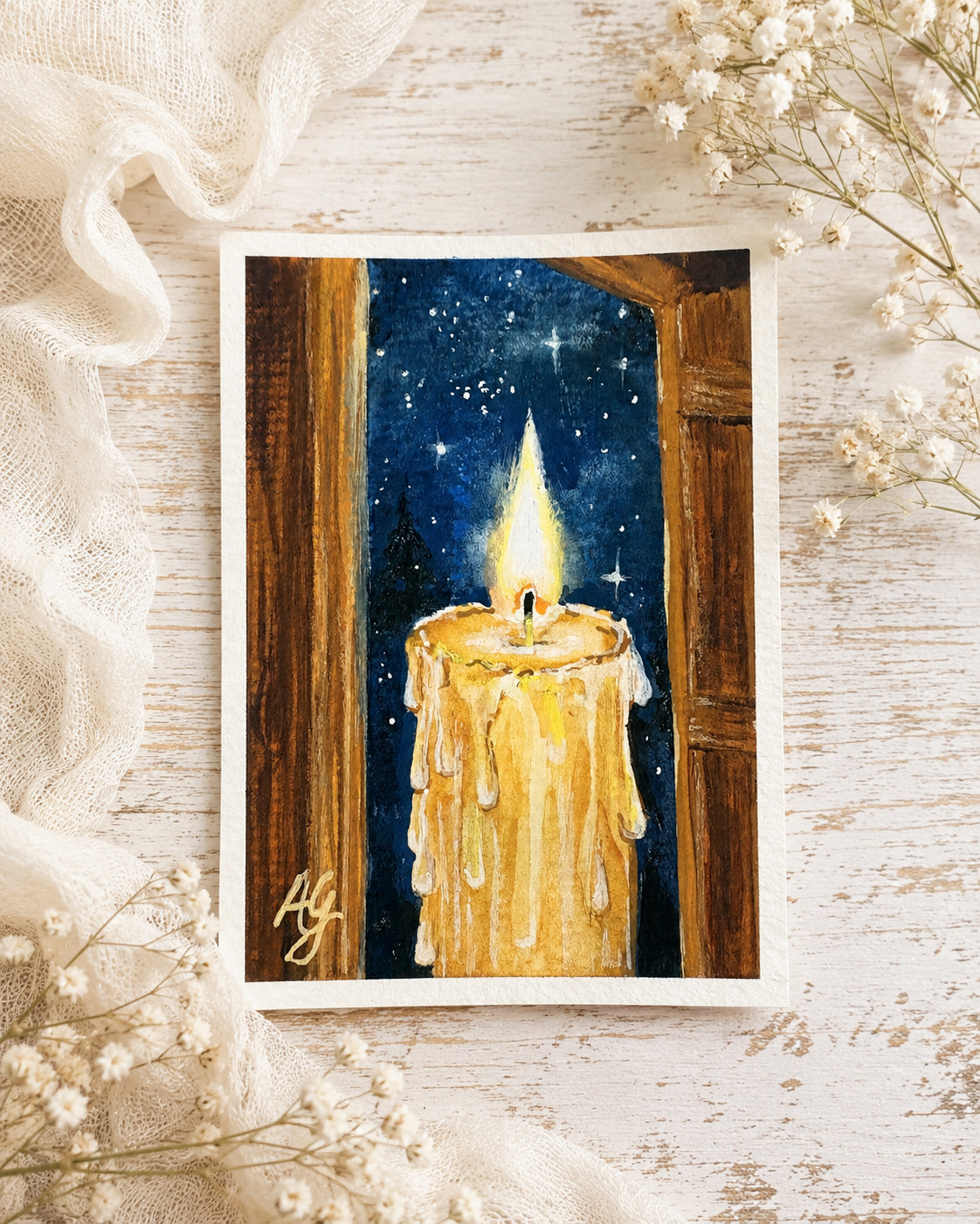 Original ACEO Christian Watercolor Art “Shine Upon Me” Candle Faith OOAK