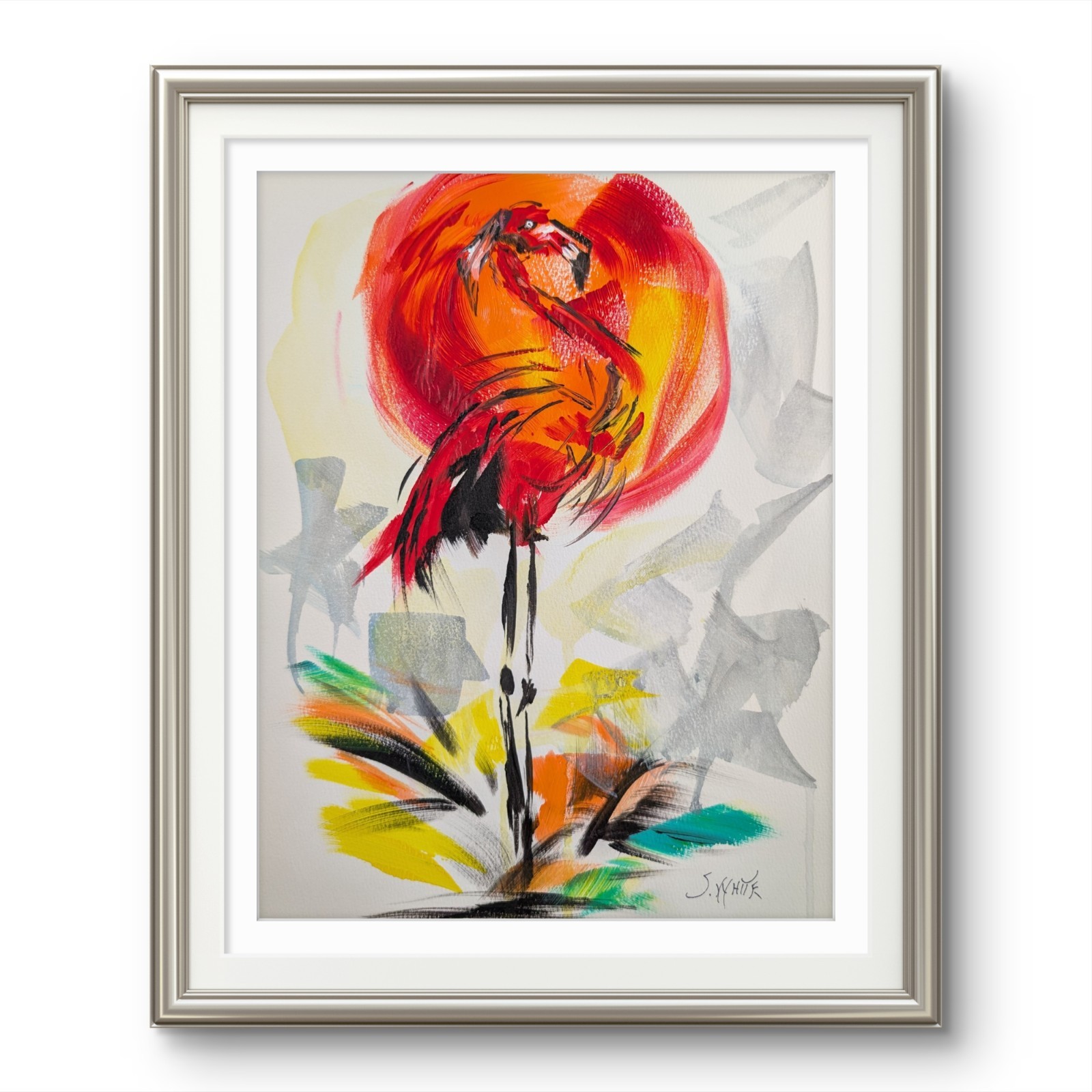 Flamingo Original Painting 11×14 Paper Art Animal Modern Expressionism SWhite