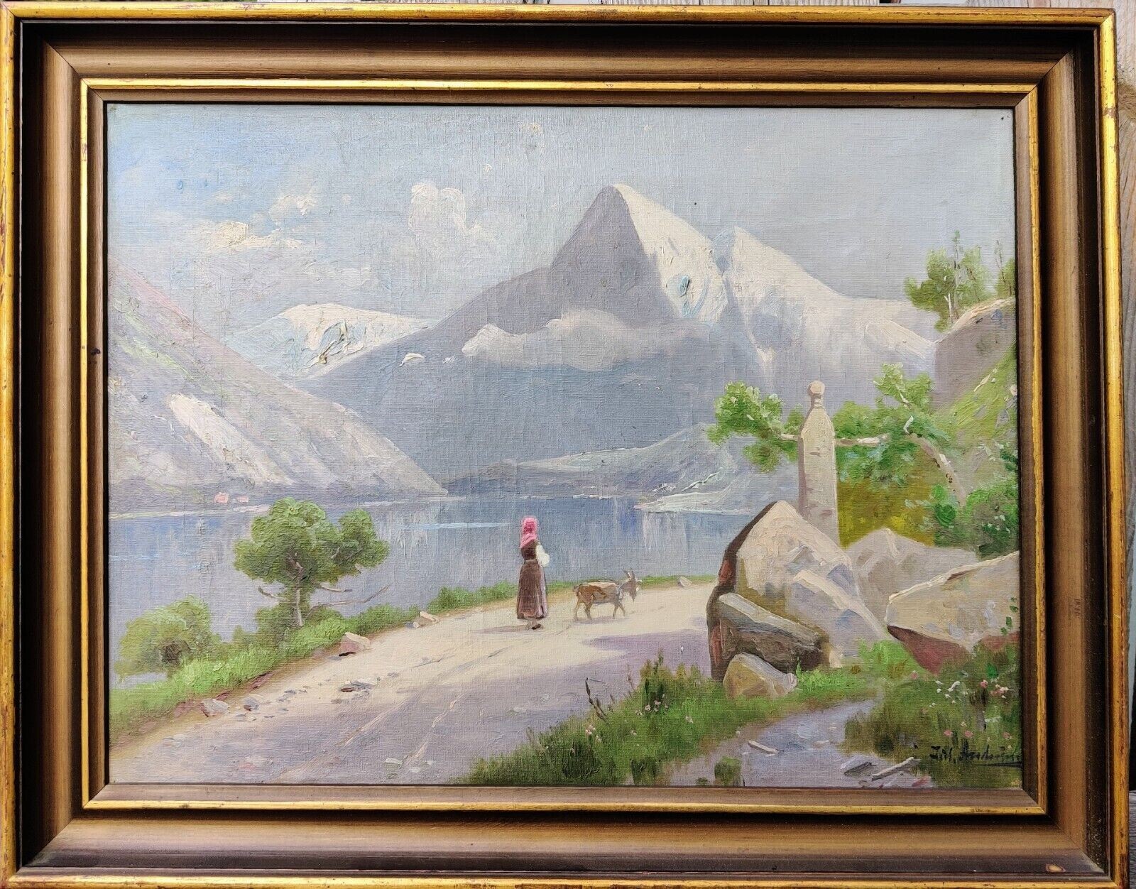 WOMAN AND A GOAT AT THE MOUNTAIN LAKE. vintage oil painting.