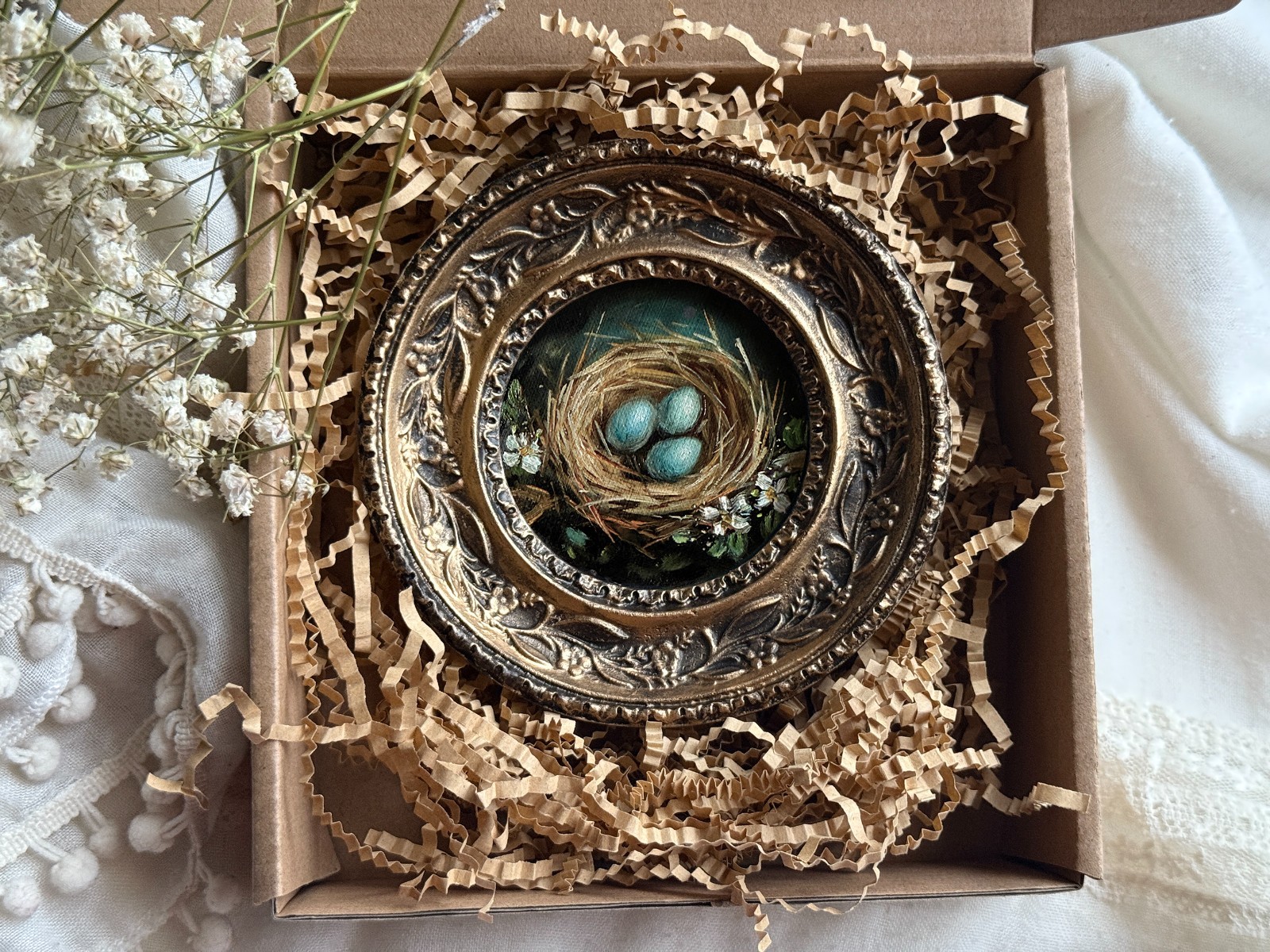 Original Oil Painting Miniature Gold Framed Bird Nest Hand Painted Art