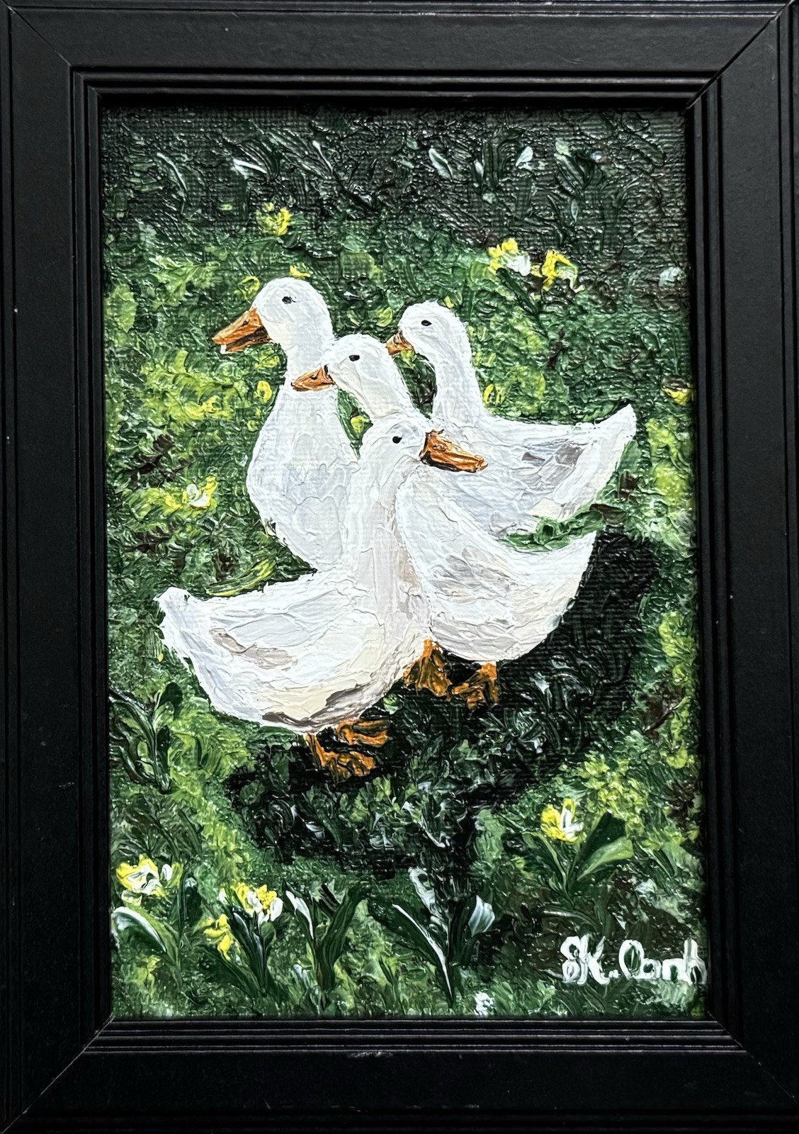 ORIGINAL OIL PAINTING DUCKS GARDEN LANDSCAPE SIGNED FRAMED 4×6