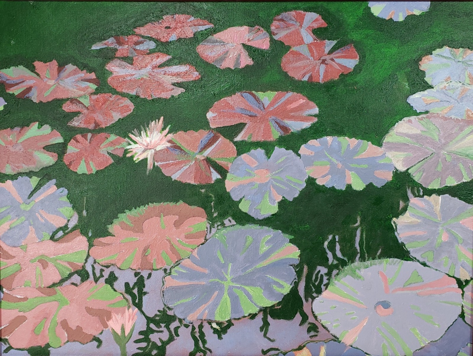 Vintage Original Oil Painting on Canvas Colorful Water Lily Pond Framed 29×23