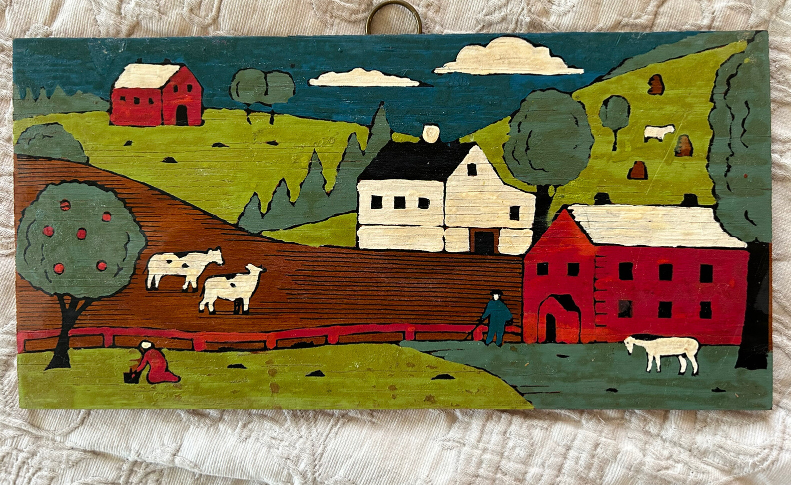 Folk Art Painting on Board Original 12 inch long Vintage