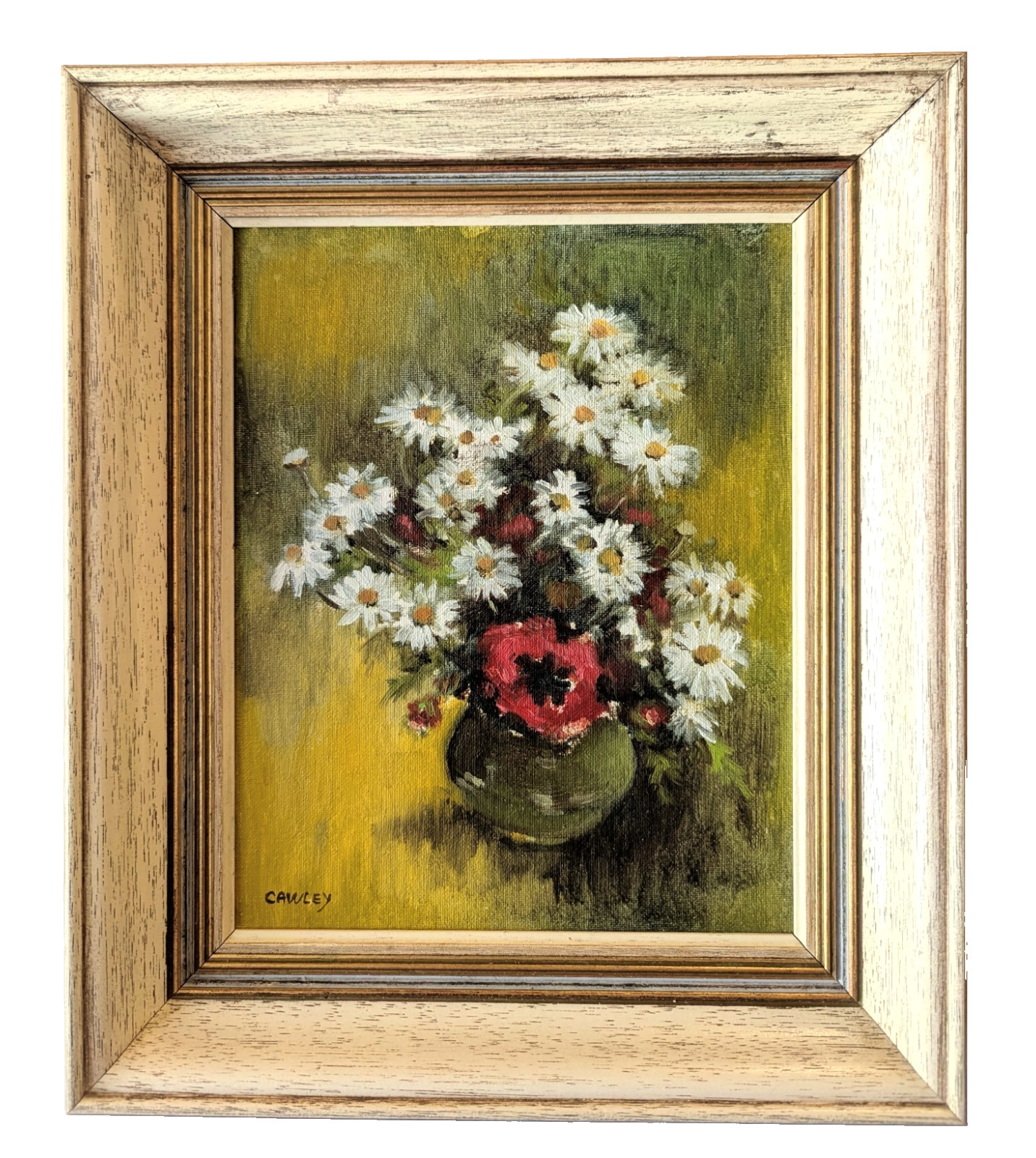 Vtg Original Oil Painting Daisies Red Poppy Flower Still Life Signed Framed 70s