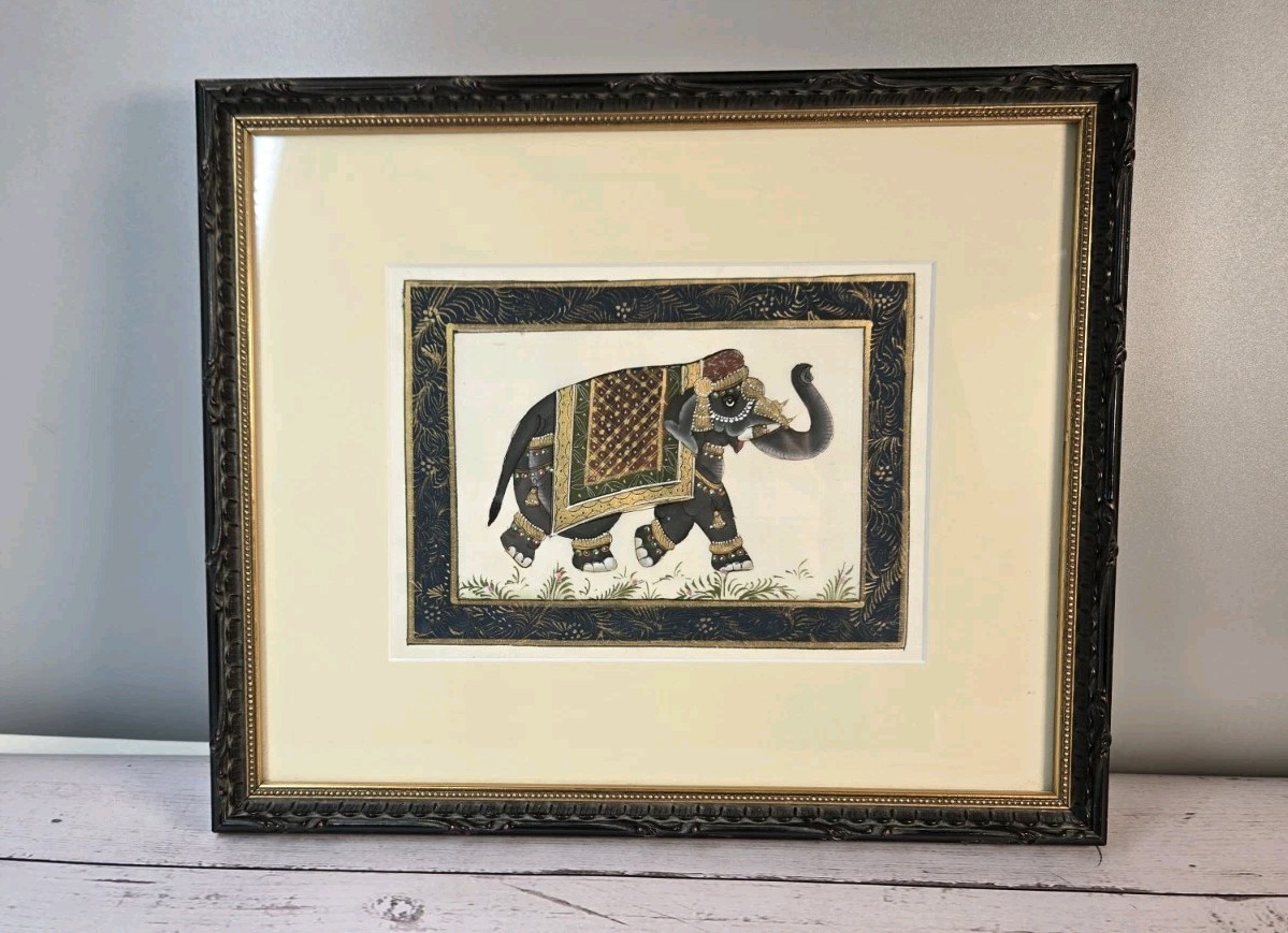 Vintage India Elephant Trunk Up Original Silk Painting on Fabric Hand Painted