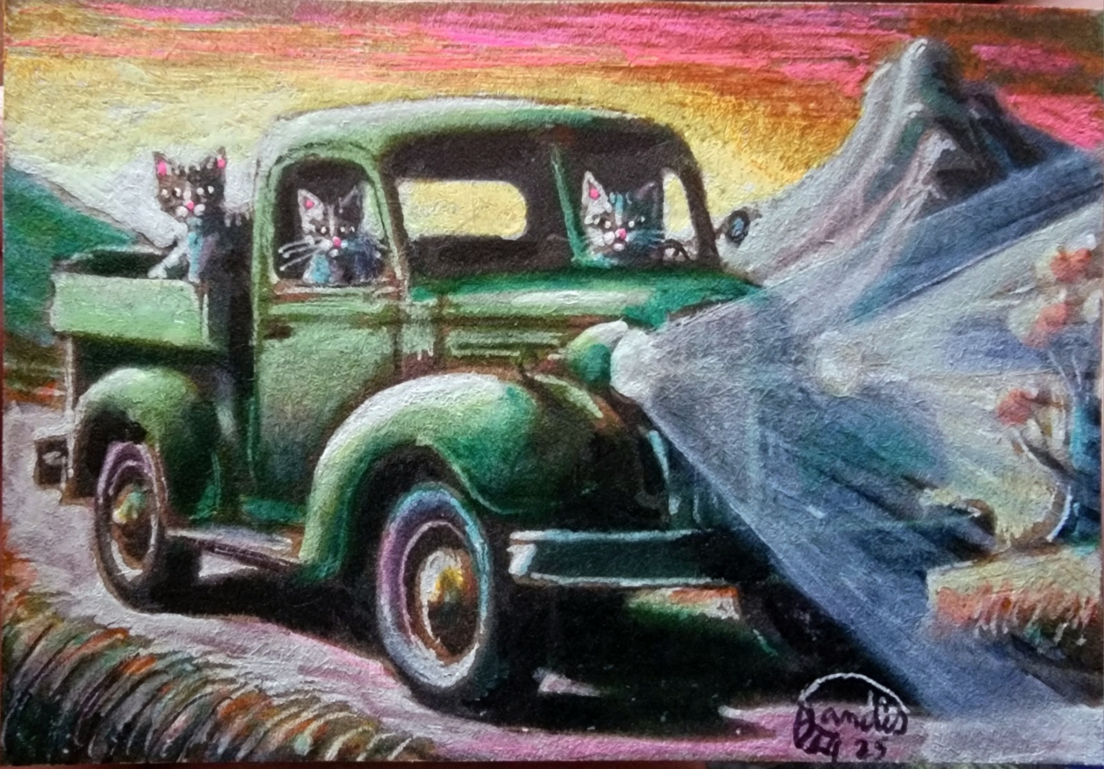 ACEO Jacob Landis Kitty Tabby ORIGINAL Art Print # Of 25 «Three Cats And A Truck