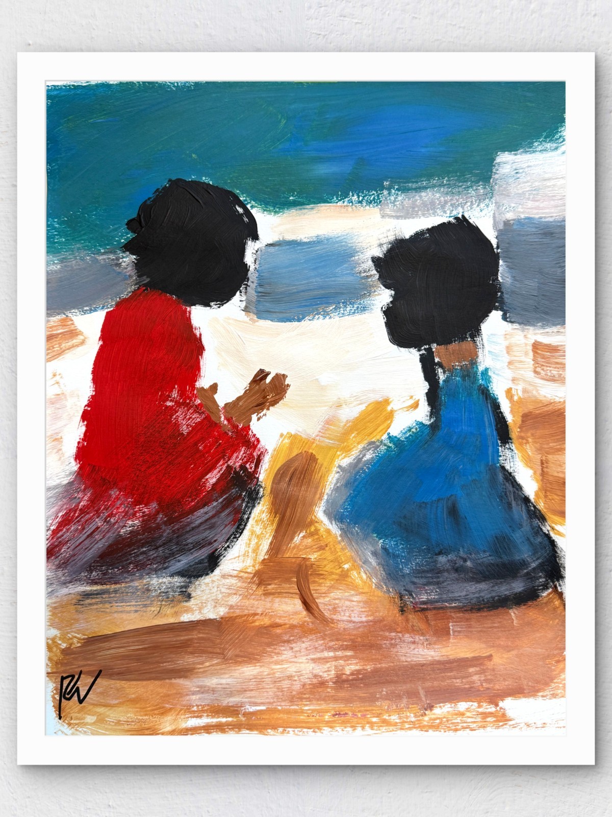 Original 11×14 Expressionist Hand Painted Signed Acrylic Paper Art Kids at Beach