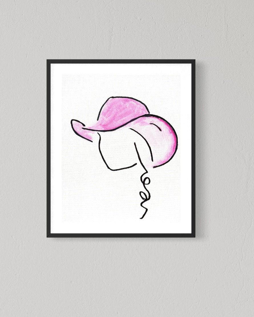 Original Art Pink Cowboy Hat 8×10 Minimalist Portrait Western Line Art