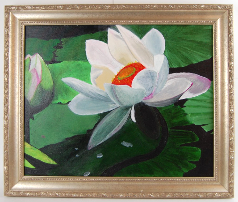 Framed Original Botanical Water Lily Flowers Impressionist Oil Painting 20X16