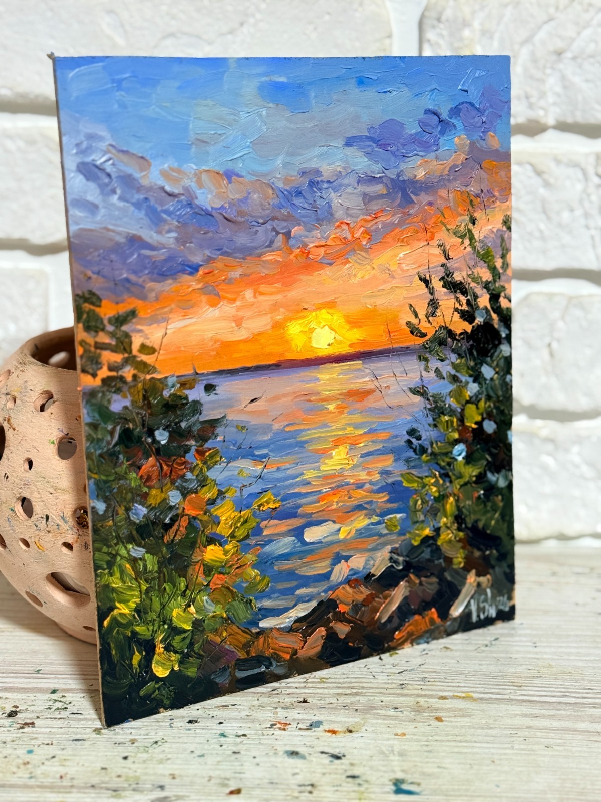 SUNSET RIVER AUTUMN LANDSCAPE ORIGINAL Impressionism Art Oil painting Signed