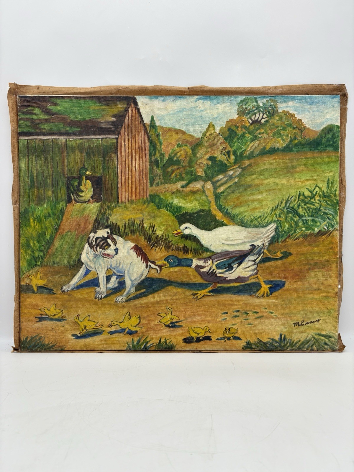 Vintage Canvas Painting signed M. Essex «An Enemy in Camp» Farm Dog Ducks 20×16