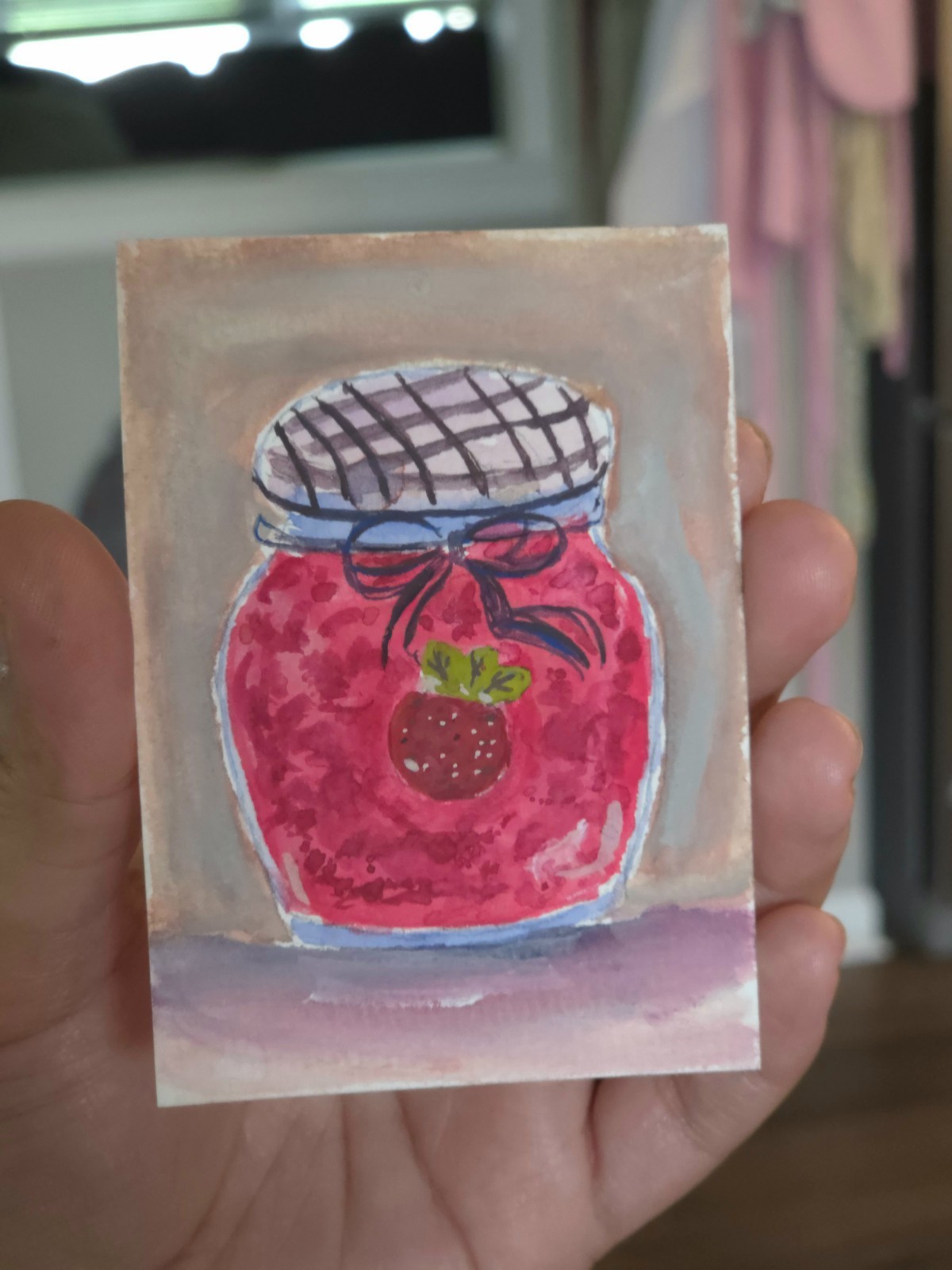 ACEO original Food Art Strawberry Jam Jar Still Life Gouache 2.5″3.5″