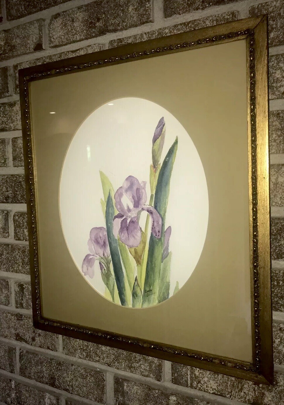 Original Vintage Purple Iris Watercolor Painting Floral Framed Signed 16.5×18.5