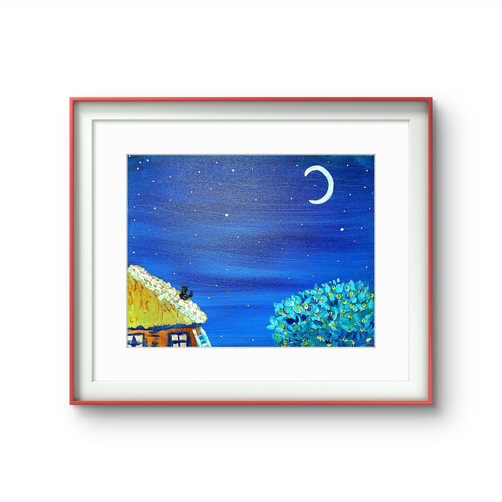 Cat Watches The Moon Original Expressionism Acrylic Abstract Canvas 11×14 Canvas