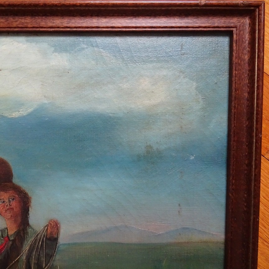 Antique Original Oil Painting on Canvas COWGIRL Roping A Bull Framed 17×16 in