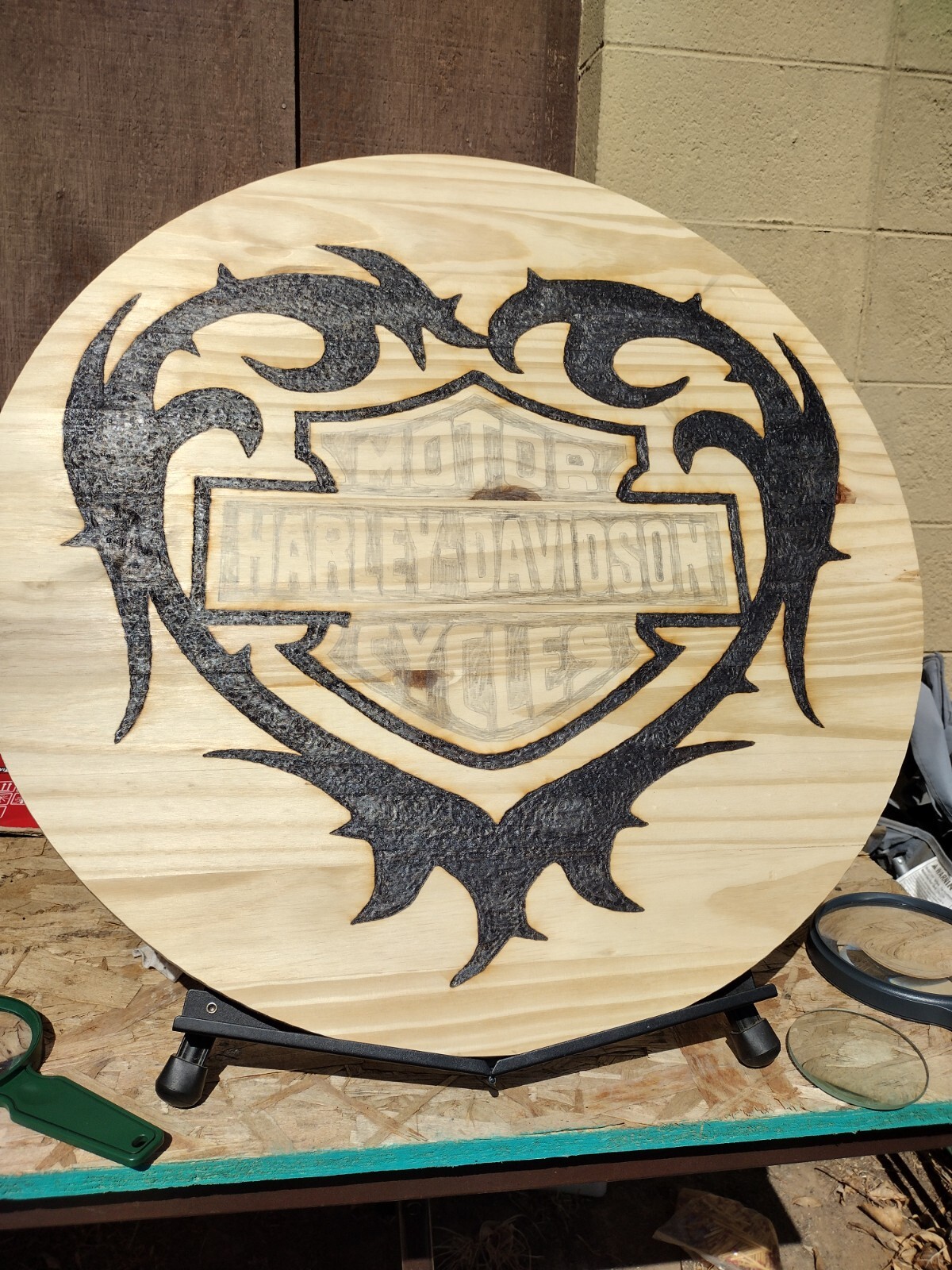 Solar Pyrography wood burning Harley Davidson wood decor handmade 