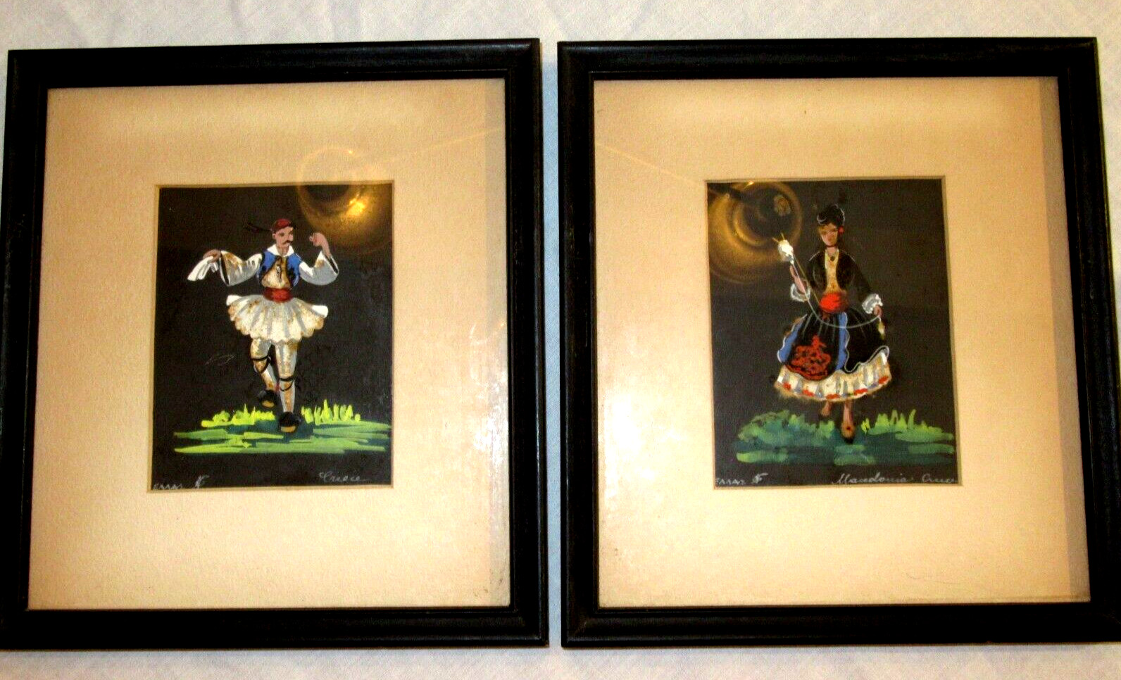 2 Vintage Signed Framed Greek Oil Paintings Greek Knitting Girl and Dancing Man