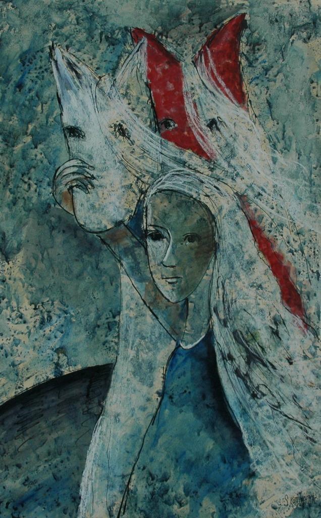 Mid Century Watercolor, Gouache & Ink of Medieval Woman? Illegibly Signed