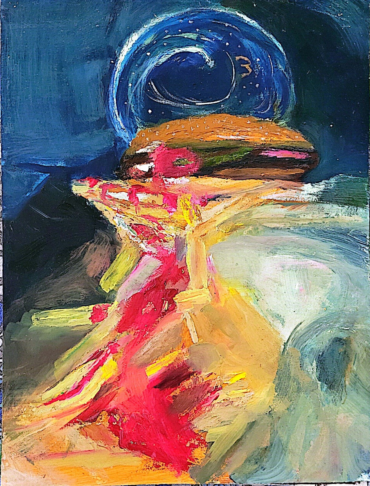 Burger And Fries Abstract Expressionist Original Oil Painting Canvas 12×16