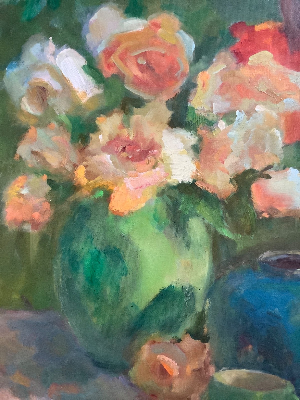Original Oil Art Impressionism 20”x16 Floral Garden Roses Still Life Signed